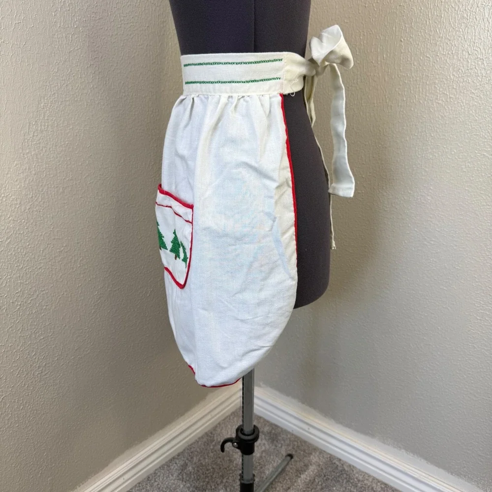 Vintage Christmas Tree Cross Stitch Half Apron White Red Green Holiday Hosting